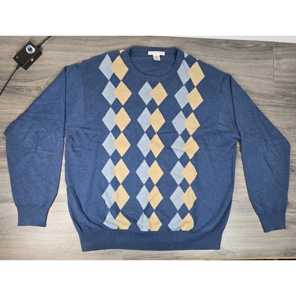 Geoffrey Beene Sweater Mens‎ XXL 2XL Blue Argyle Cotton Vintage Made Hong Kong - Picture 2 of 12